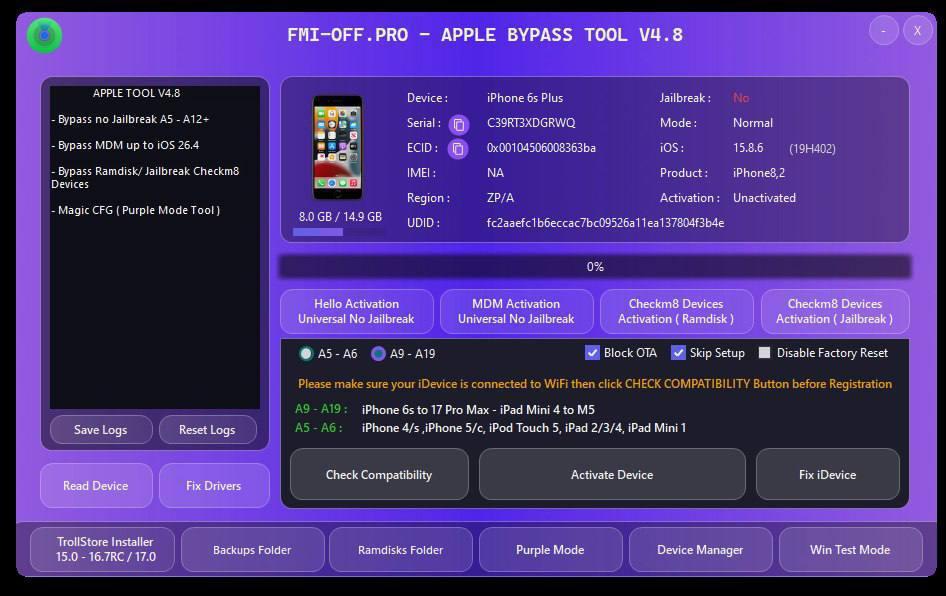FMI-OFF.PRO A12+ – Bypass iCloud for All iPhone & iPad Models (iOS15 - iOS26.1) Without Signal